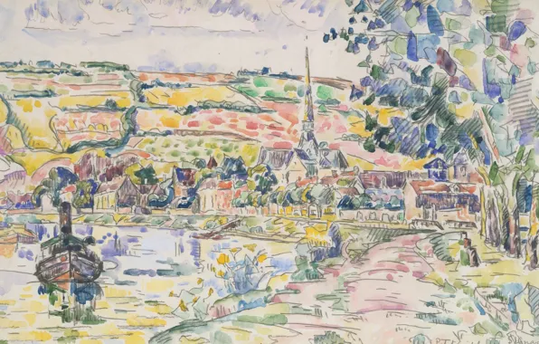 Landscape, figure, watercolor, Paul Signac, Small Les Andelys. The River