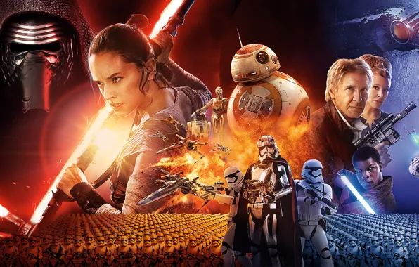 Picture fiction, robots, poster, characters, stormtroopers, Harrison Ford, Harrison Ford, Star Wars: The Force Awakens