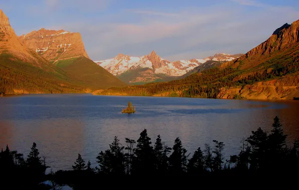 Picture autumn, forest, the sky, mountains, lake, island, Montana, USA