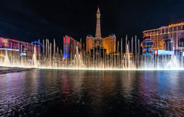 Night, building, Las Vegas, fountain, USA, the hotel, Nevada, Las Vegas