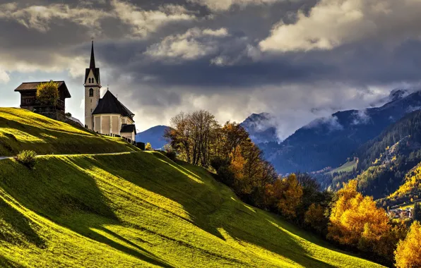 Autumn, trees, mountains, Switzerland, Alps, hill, Church, Switzerland