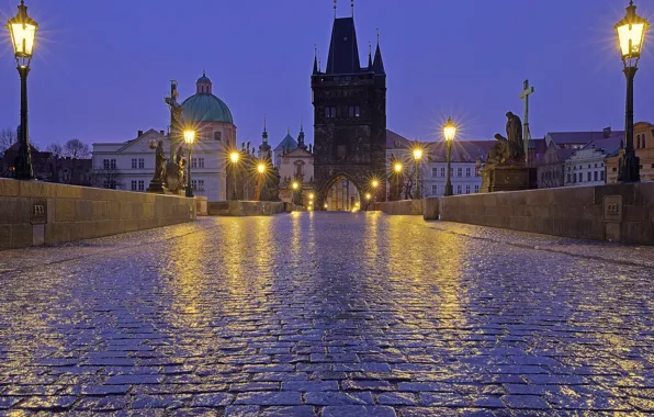 Night, lights, Prague, Czech Republic, lights, Charles bridge