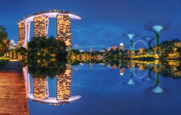 Night, lights, Singapore, the reflection in the water, Evgeni Fabis