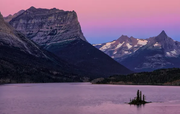 Sunset, mountains, lake, rocks, shore, the slopes, tops, the evening