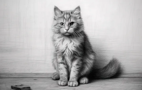 Cat, look, kitty, figure, black and white, pencil, digital art, imitation picture