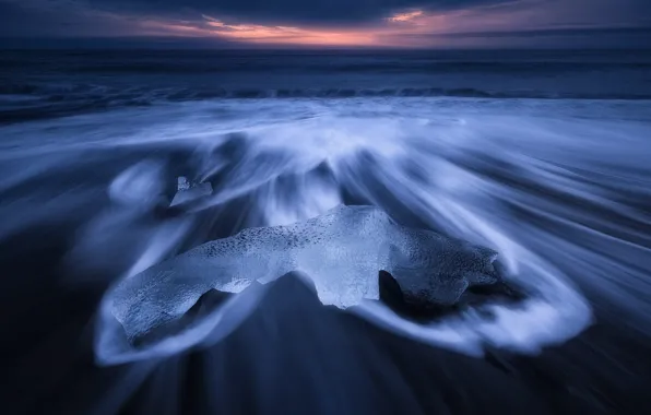 Winter, sea, wave, the sky, sunset, shore, ice, surf