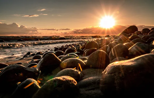 Sea, the sun, sunset, stones, shore, surf