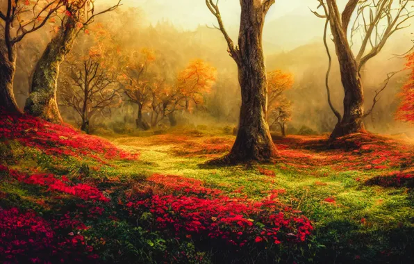 Autumn, forest, grass, trees, landscape, flowers, branches, nature