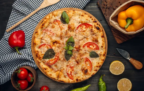 Lemon, cheese, fabric, pepper, pizza, tomatoes, mint, tomatoes