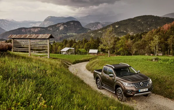 Picture grass, mountains, meadow, Renault, brown, pickup, 4x4, 2017