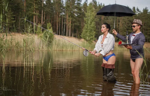 Model, fishing, river, rod, the waiter, Madame, fishing