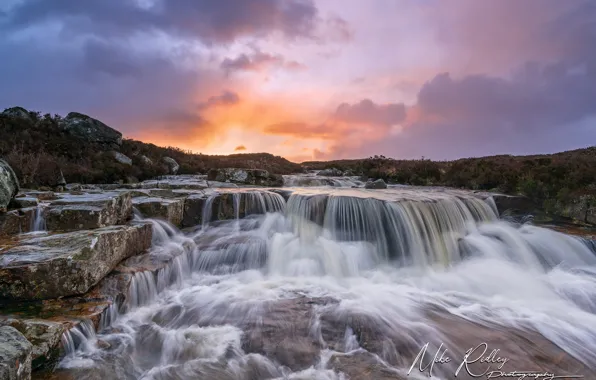 The sky, grass, clouds, stream, stones, dawn, waterfall, Scotland