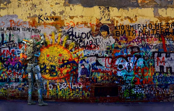 Graffiti, Robot, Wall