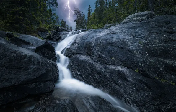 Picture the storm, forest, rocks, lightning, waterfall, Norway, Norway, Vassfaret