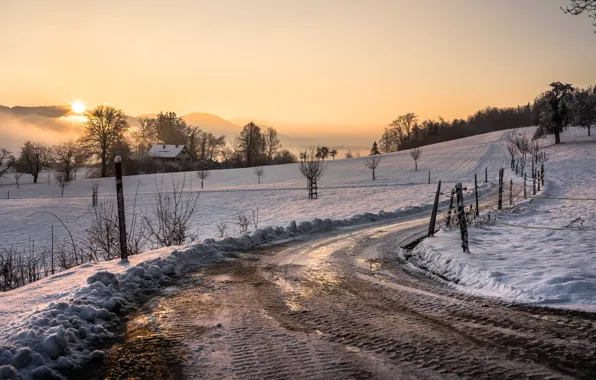 Picture winter, road, sunset