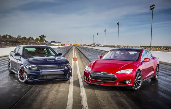 Picture Dodge, Dodge, Charger, Tesla, the charger, SRT, Model S, 2015