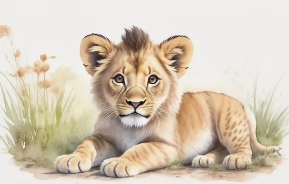 Animal, figure, Leo, fluffy, watercolor, cute, lion, lion