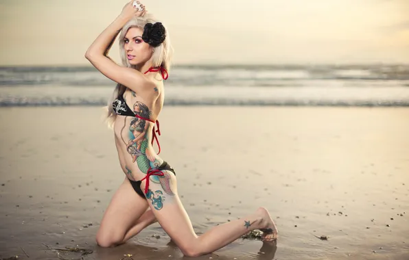 Sand, sea, beach, swimsuit, girl, body, mermaid, tattoo