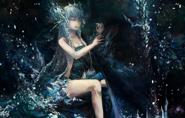 Water, girl, night, anime, art, harp, tool, tsunoh