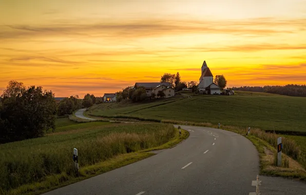 Road, field, forest, the sky, clouds, trees, sunset, the slopes