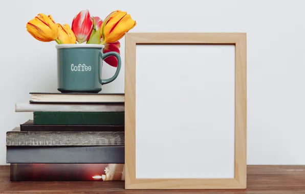 Picture flowers, photo, books, bouquet, frame, colorful, mug, tulips