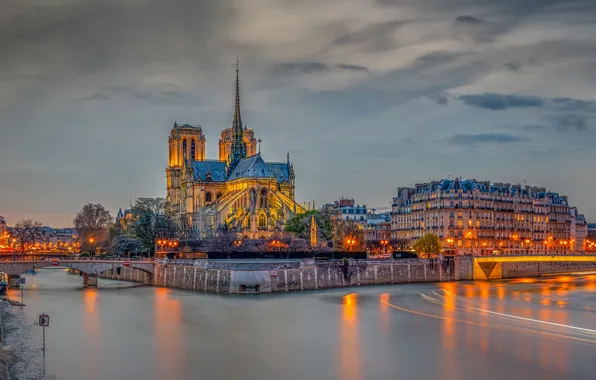 The sky, clouds, trees, lights, river, France, Paris, HDR