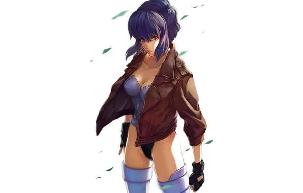 Look, girl, the wind, anime, petals, Ghost in the Shell, purple hair, leather jacket