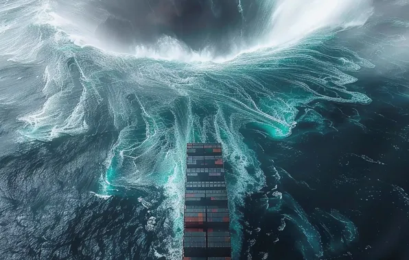 Sea, Wave, Ship, A container ship, Digital art, Whirlpool, AI art, The Art of Artificial …