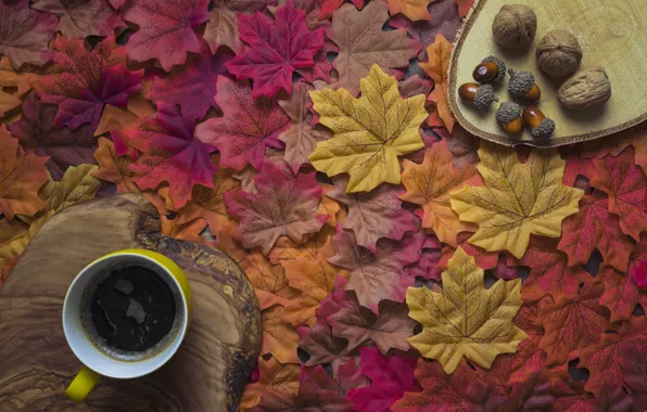Picture autumn, leaves, background, tree, coffee, colorful, Cup, wood