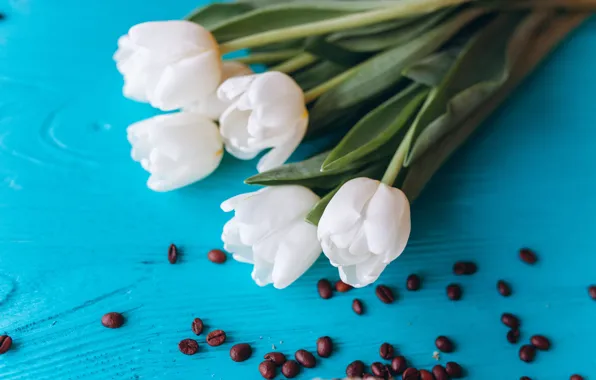 Picture coffee, grain, bouquet, tulips, white, white, wood, flowers