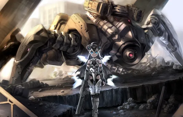 The city, weapons, robot, wings, girl, fur