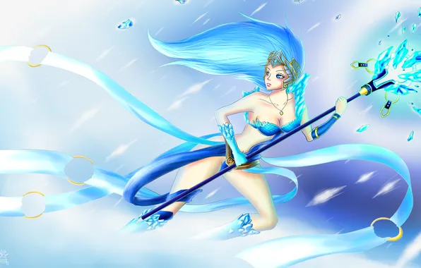 Picture look, girl, magic, crystals, staff, blue hair, League of Legends, Janna
