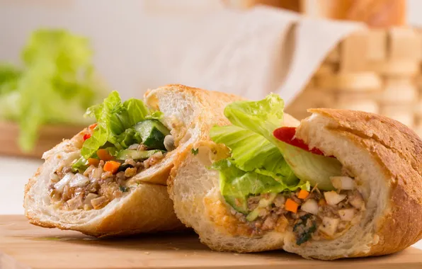 Baguette, salad, sandwiches