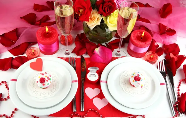 Roses, bouquet, candles, Heart, petals, glasses, Plate, cake