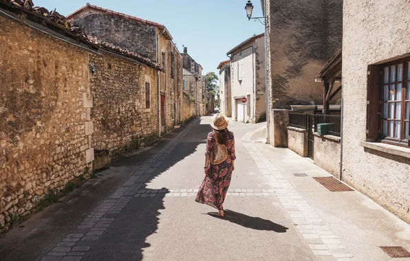 Girl, the city, street, France, handbag, hat, tourist, medieval architecture