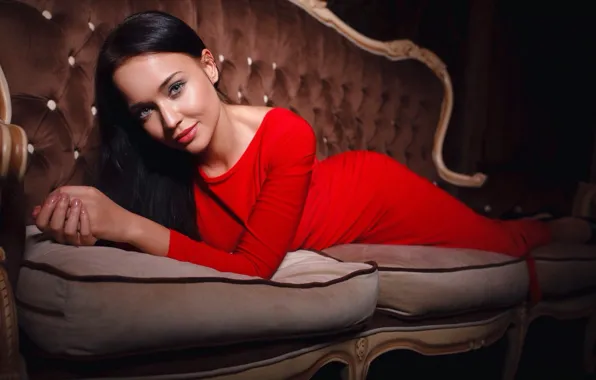 Picture look, girl, background, sofa, red, interior, pillow, dress