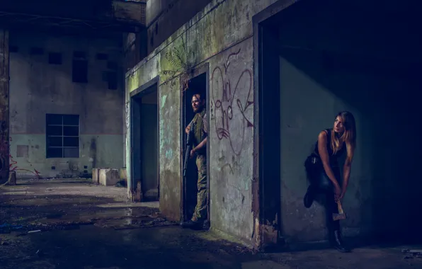 Girl, weapons, man, axe