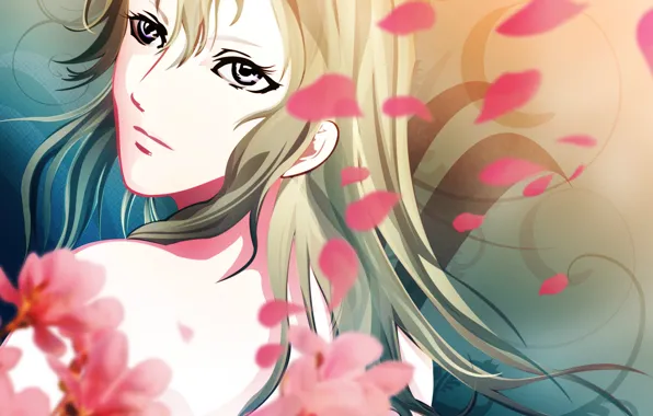 Face, shoulders, fan art, cherry blossoms, claymore, flora, sideways