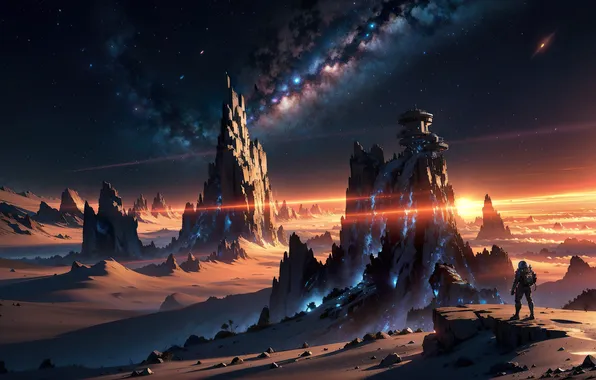 Fiction, rocks, desert, the night sky, researcher, digital art, two suns, AI art