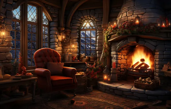 Comfort, castle, room, fire, Windows, interior, chair, the evening