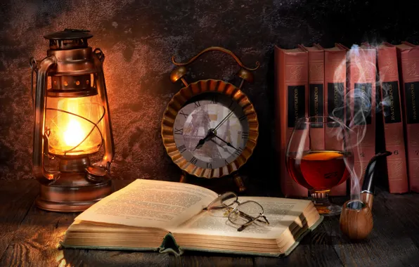 Watch, glass, books, lamp, tube, glasses, still life, cognac