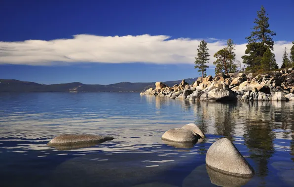 Picture the sky, clouds, trees, mountains, lake, stones, horizon, Tahoe