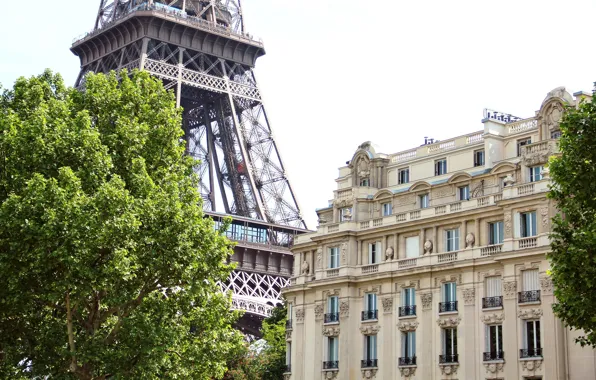 Trees, the city, house, France, Paris, the building, green, Eiffel tower