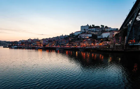 Sea, sunset, bridge, lights, hills, coast, building, home
