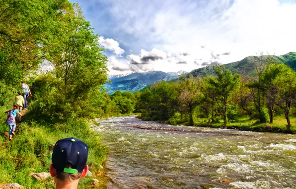 Greens, the sky, clouds, trees, mountains, cool, beautiful, river