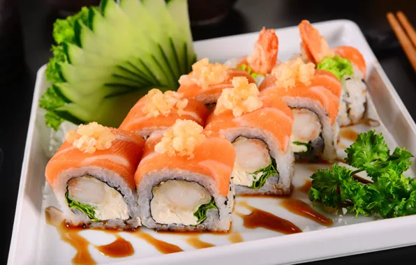 Cheese, cucumber, shrimp, sauce, parsley, rolls, salmon, Slivochny cheese