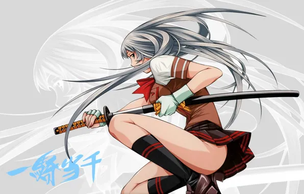 Katana, characters, gloves, schoolgirl, knee, long hair, sheath, mini skirt