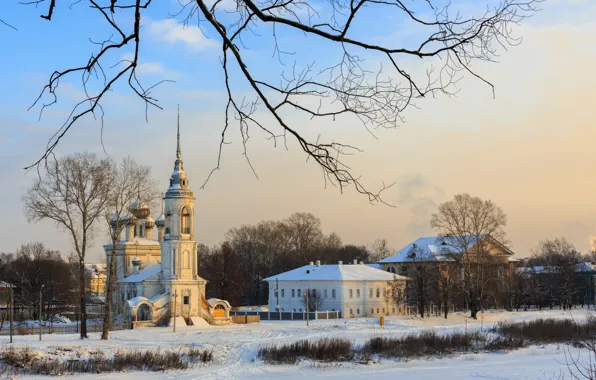Picture winter, snow, landscape, the city, building, home, temple, Vologda