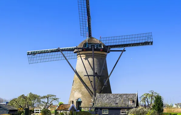 Mill, channel, houses, Netherlands, Sunny