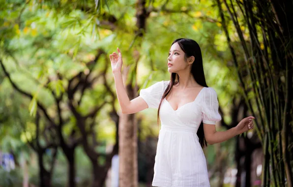 The sun, trees, pose, portrait, hands, makeup, dress, brunette